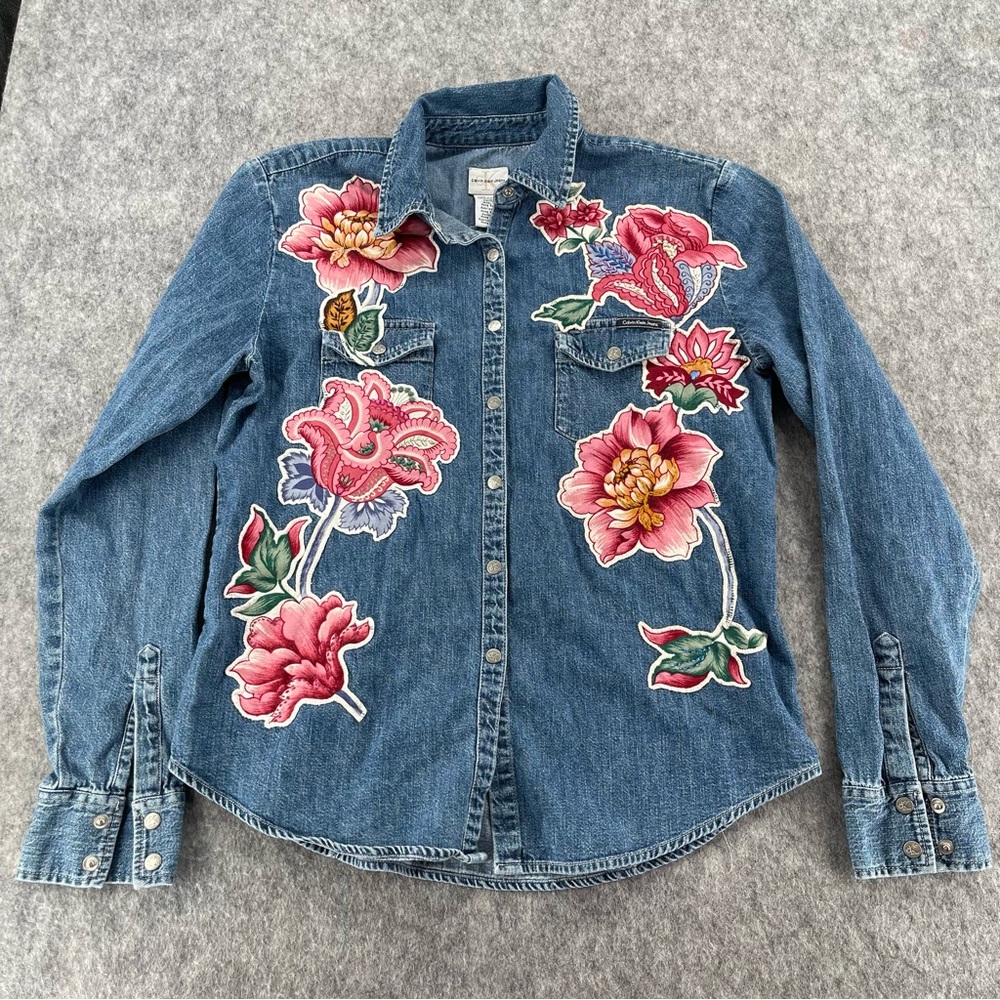 Calvin Klein Jeans Floral Long Sleeve Embroidered Button Up Jean Shirt Size S